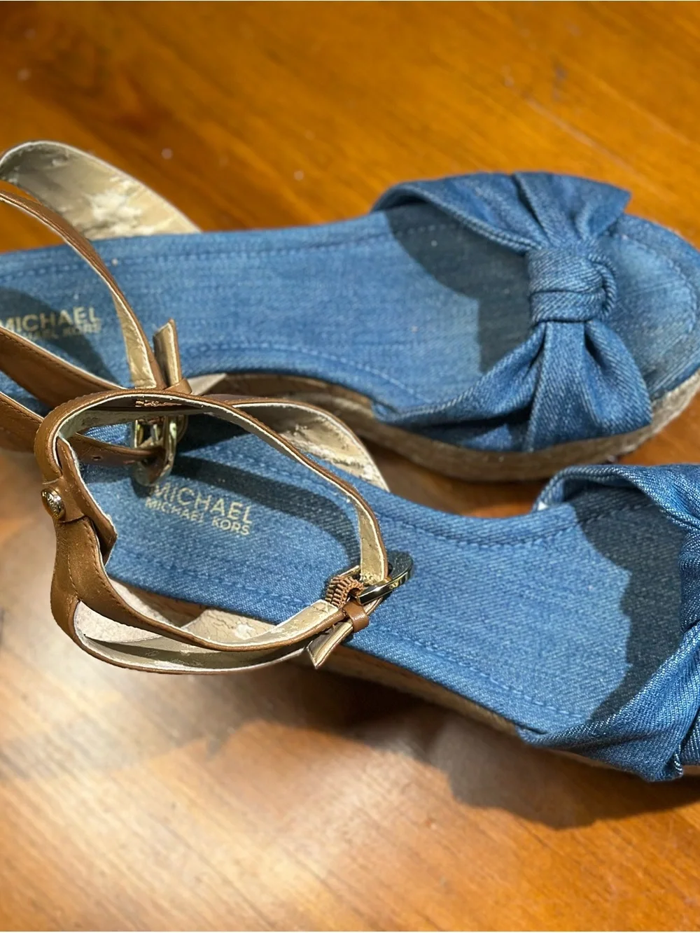 Michael Kors Denim Knot Espadrille Wedge Sandals with Tan Ankle Strap